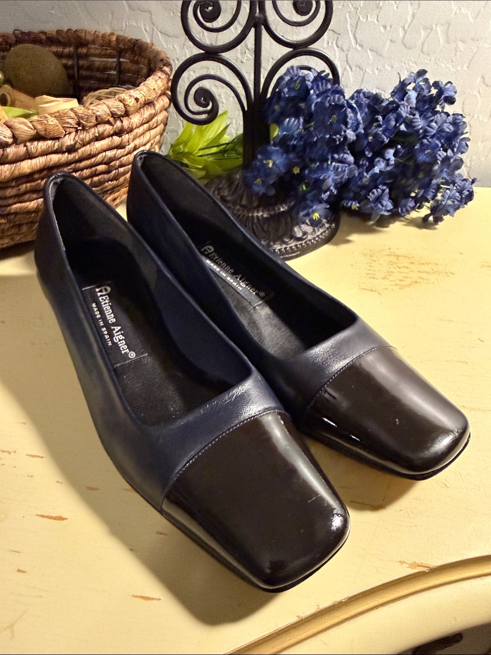 Etienne Aigner Navy and Black Square Toe Low Heel Flats